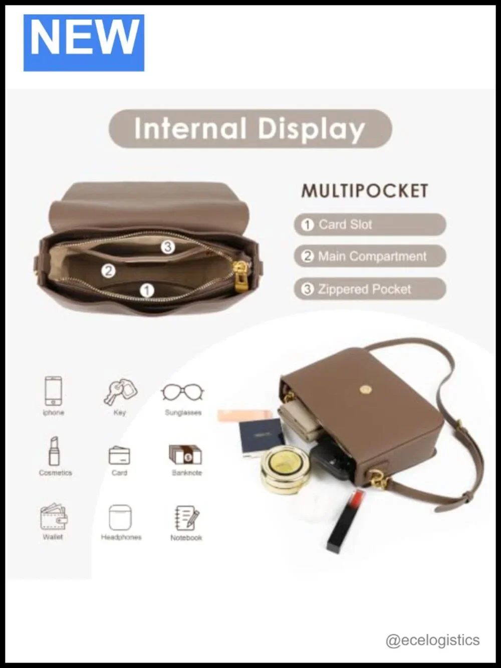 Genuine Leather Crossbody Bag with Flap, 2 Straps, Zipper Pockets